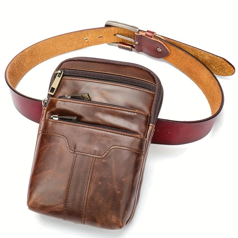 (image for) Ekphero Men's Genuine Leather Crossbody Bag with Zipper Mobile Phone Shoulder Bag Small Travel Waist Bag Multi-Pockets Male Belt Waist Packs